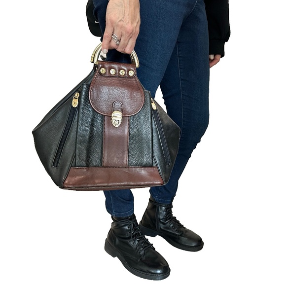 Valentina Italian Leather Top Handle Bag – Black & Brown – MADE IN ITALY. - Picture 9 of 11